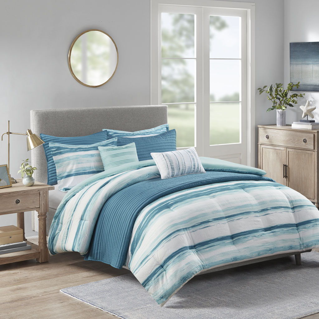 Marina - King 8 Piece Printed Comforter And Coverlet Set Collection - Aqua