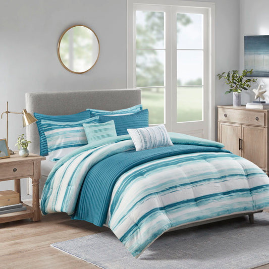 Marina - King 8 Piece Printed Comforter And Coverlet Set Collection - Aqua