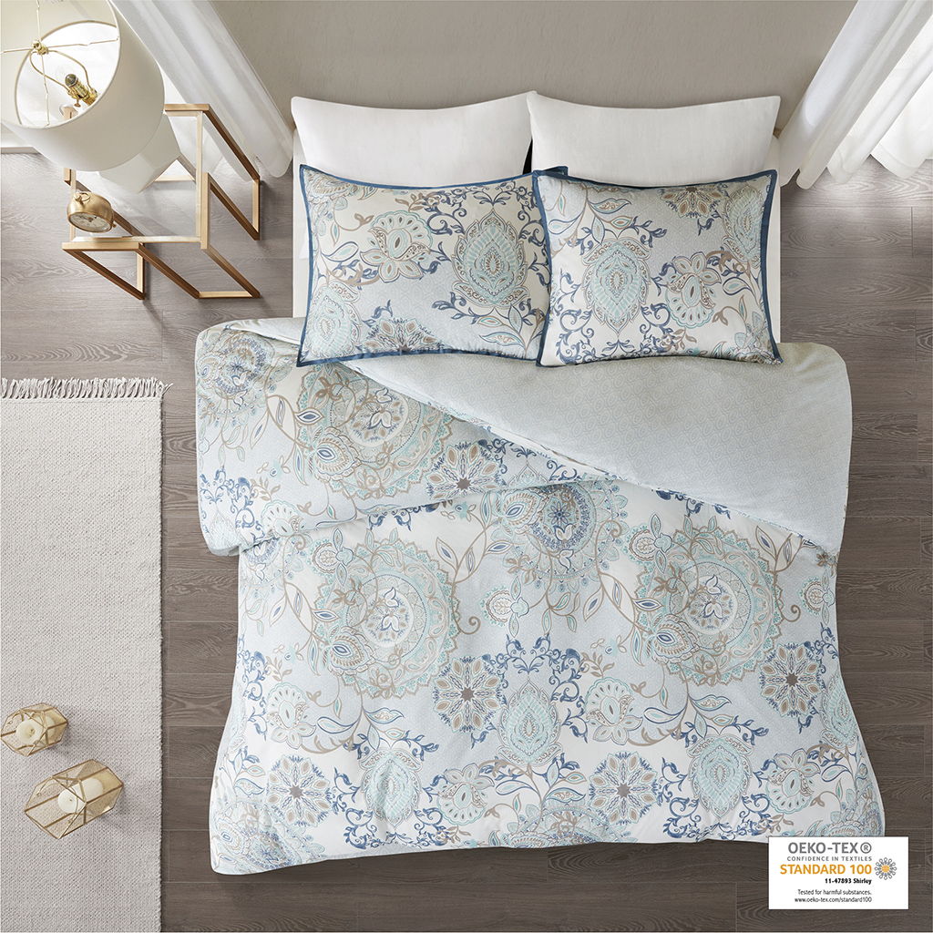 Isla - King 3 Piece Printed Reversible Duvet Cover Set - Blue - Snoozhouse