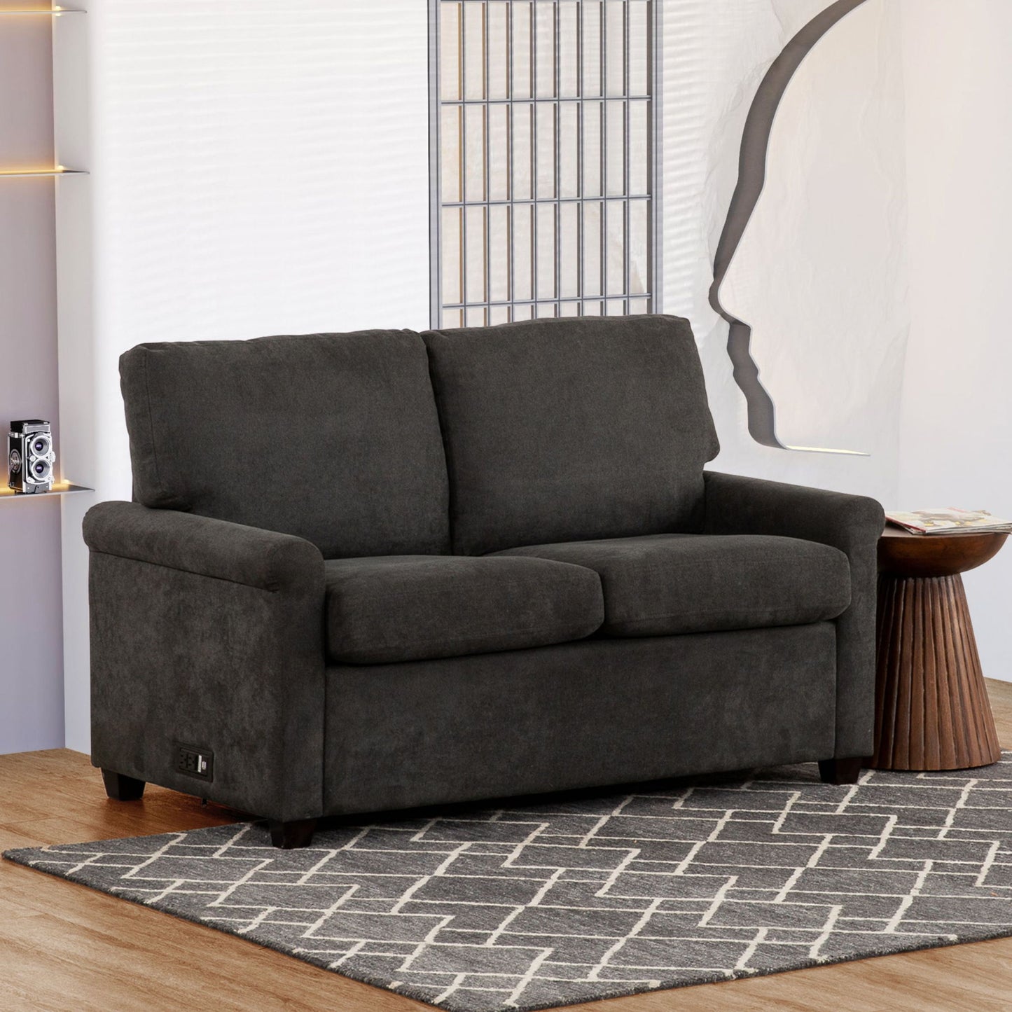 Convertible Twin Sleeper Sofa With USB Ports, 2 Seater Upholstered Loveseat - Dark Gray Home Essentials
