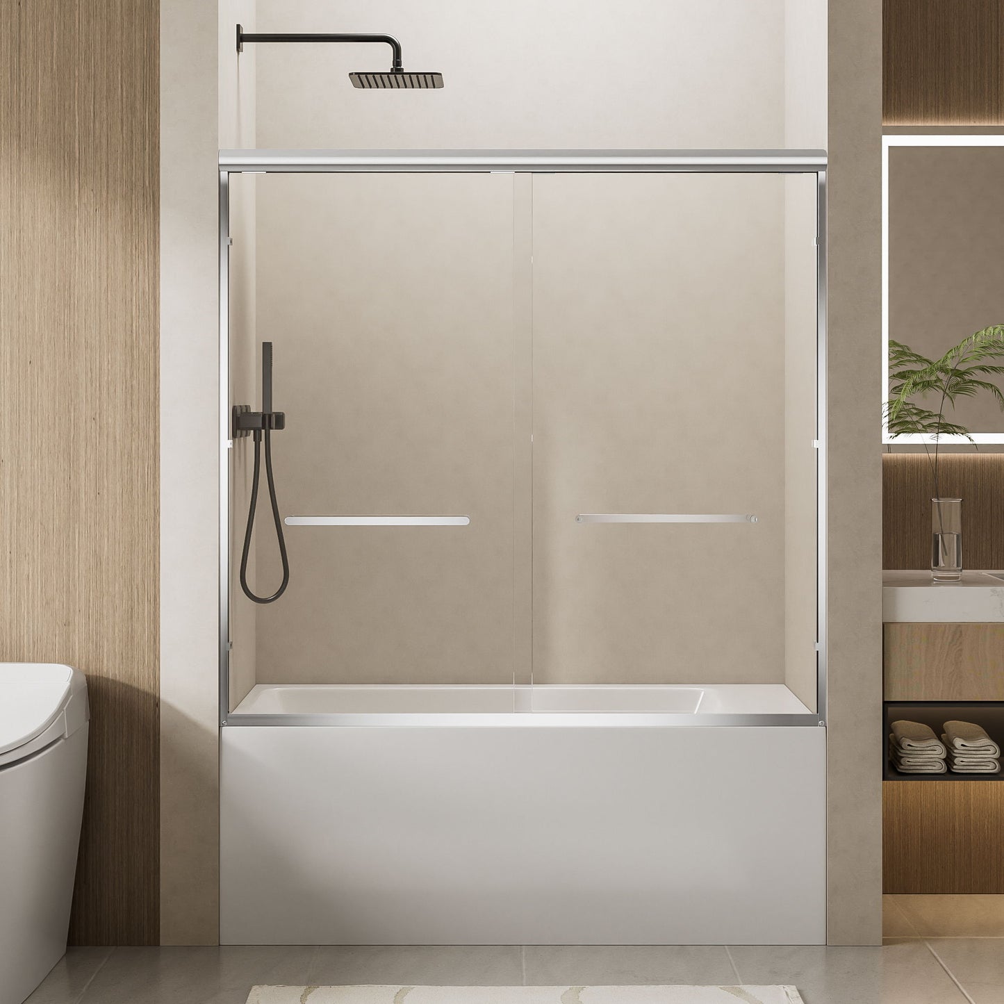 Aluminum Frame Double Double Soft Close Shower Door, Tempered Glass And Dual Stainless Steel Handles Daily Nest