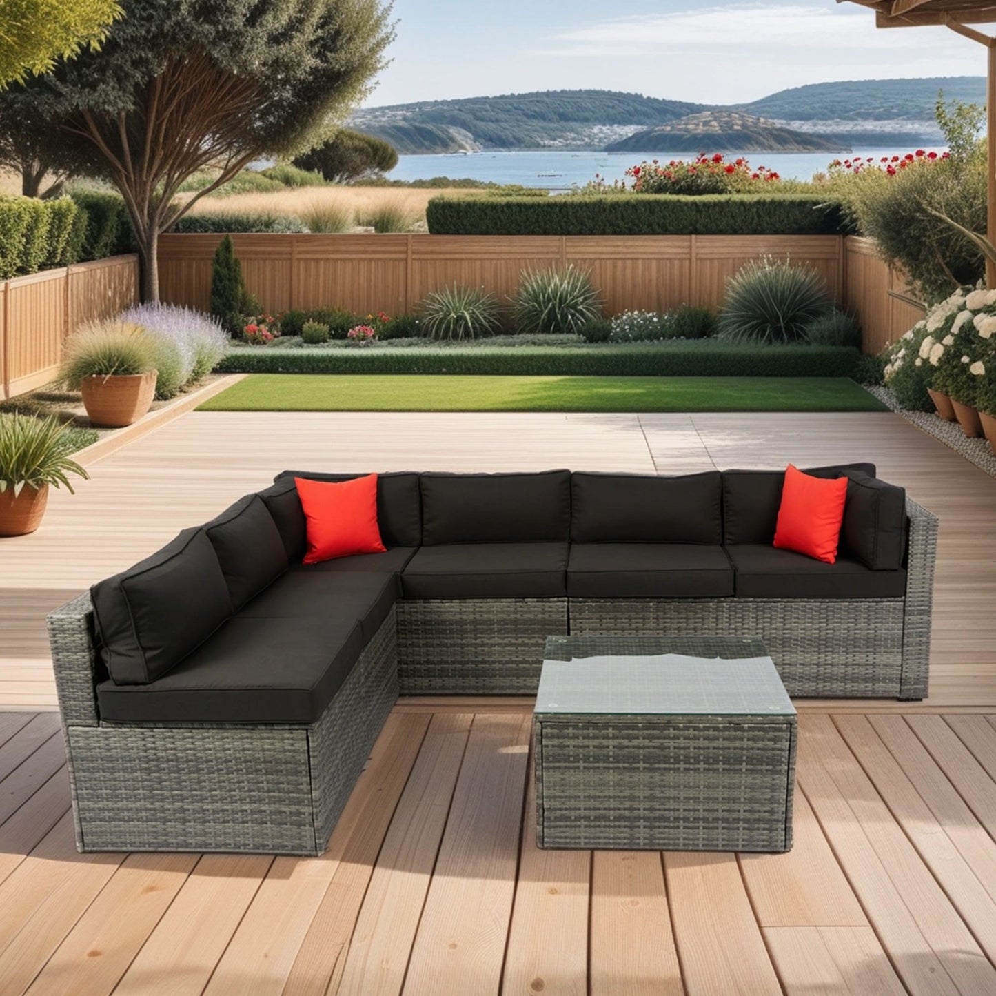5 Pieces Rattan Sectional Outdoor Furniture Cushioned U Sof Set With 2 Pillow - Gray / Black Home Essentials