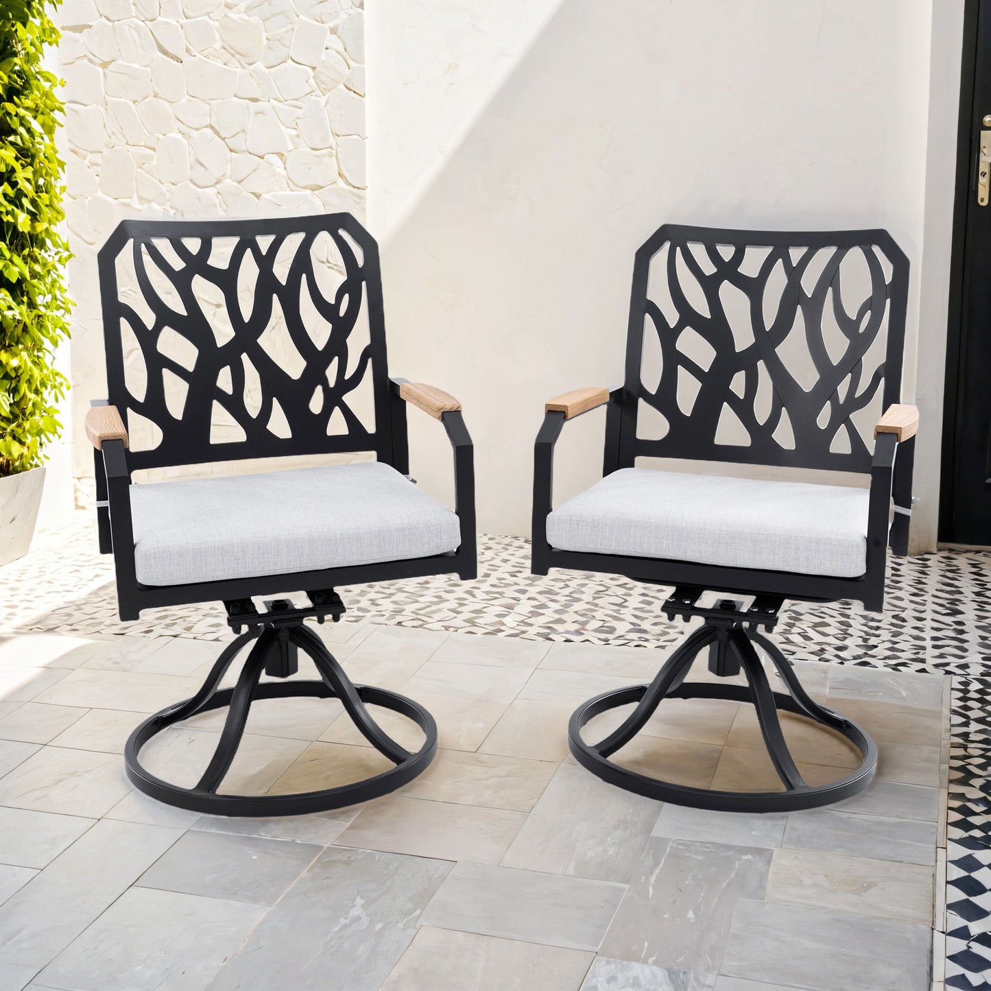 Outdoor Patio Swivel Rocker With Outdoor Grade Sunbrella Cushions, Branch Like Backrest (Set of 2) - Bourbon Brown Life Outside