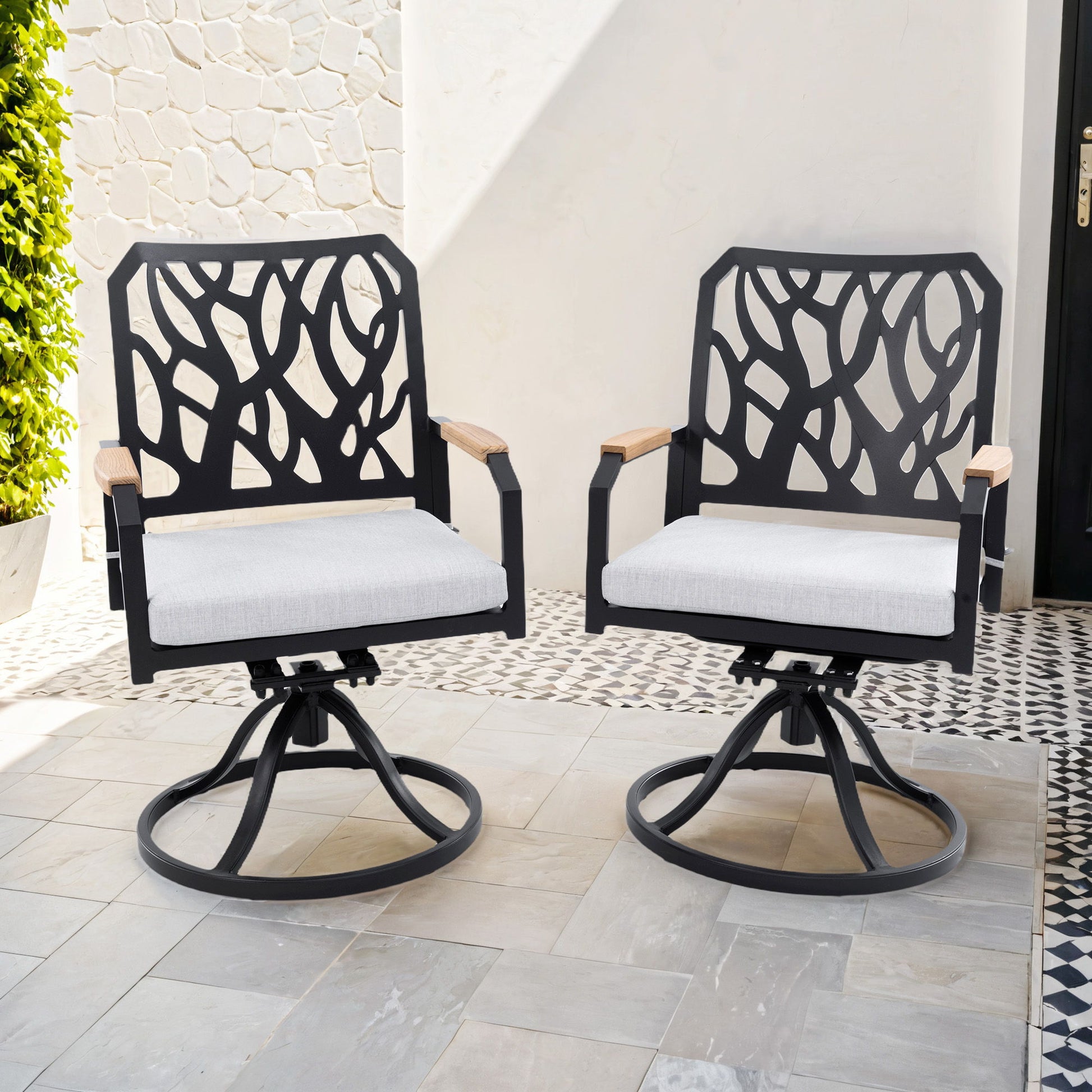 Outdoor Patio Swivel Rocker With Outdoor Grade Sunbrella Cushions, Branch Like Backrest (Set of 2) - Bourbon Brown Life Outside