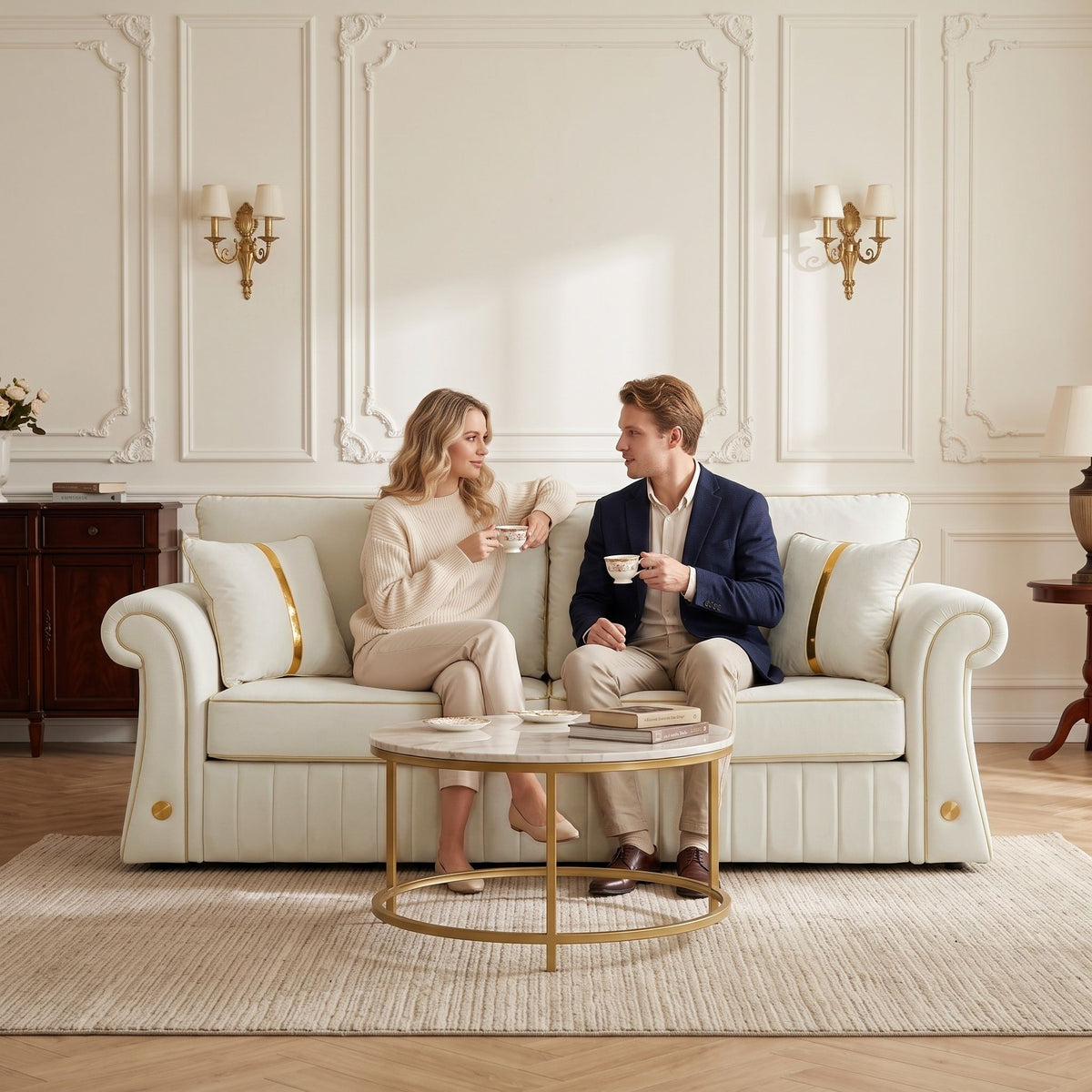 Sofa With Rolled Arms, 3 Seater Couch, Living Room Accent - Cream White Home Essentials