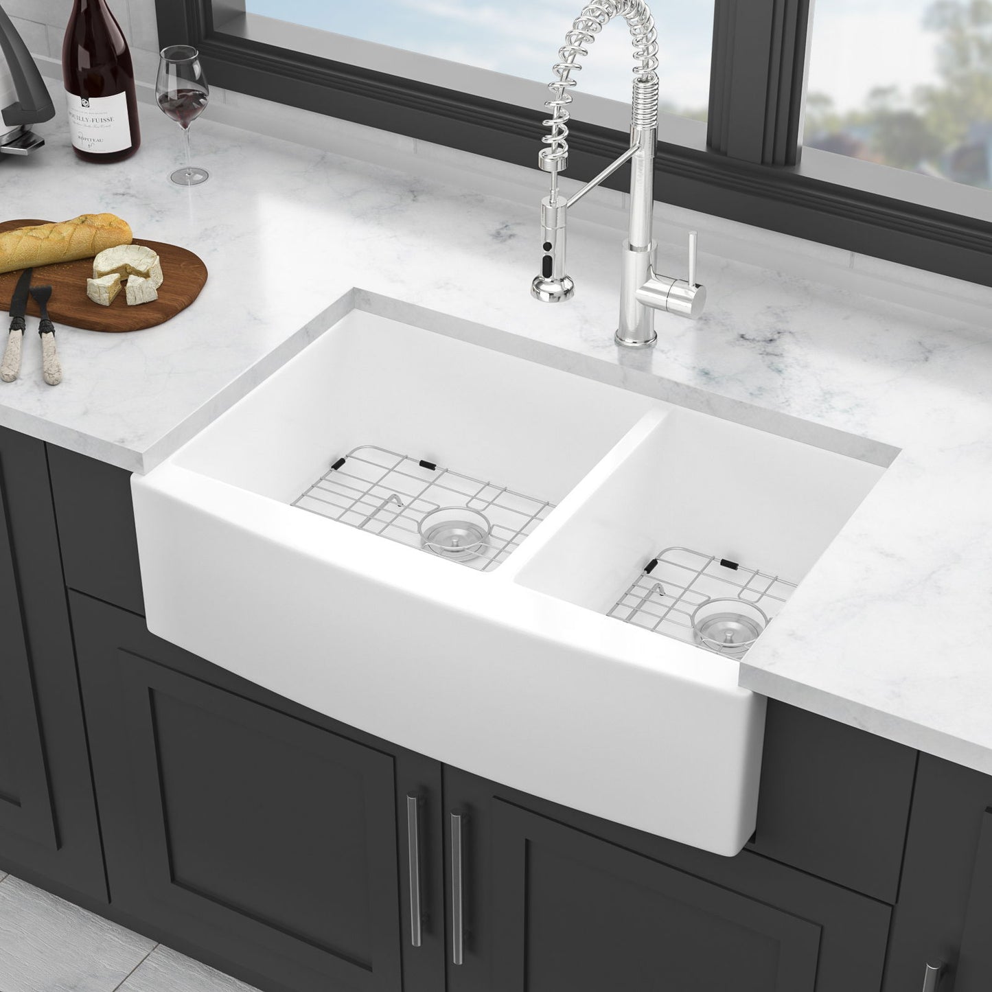 Sink 33" Double Bowl 60 / 40 Kitchen Sink With Deep Basin And Grids - White Daily Nest