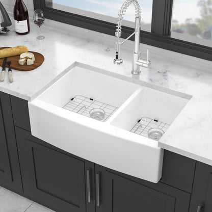 Sink 33" Double Bowl 60 / 40 Kitchen Sink With Deep Basin And Grids - White Daily Nest