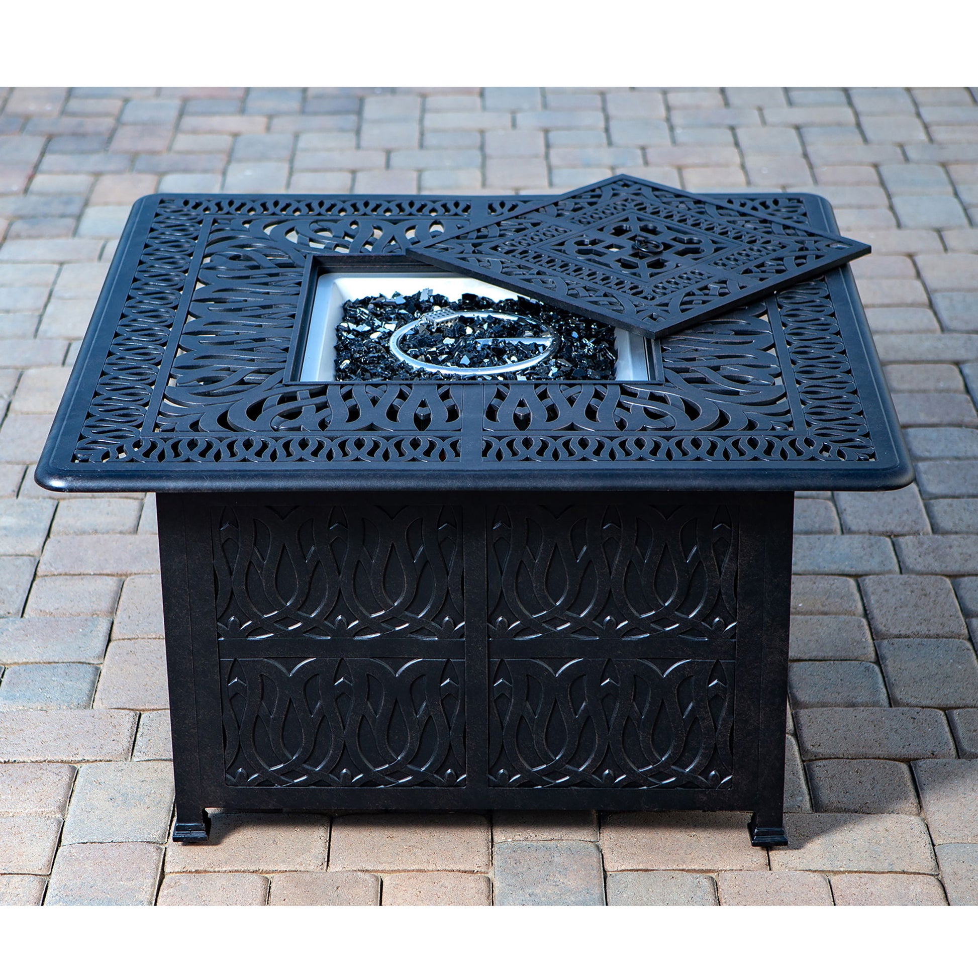 Elegant Cast Aluminum Square Fire Table With Fire Glass And Cover - Antique Bronze Home Essentials