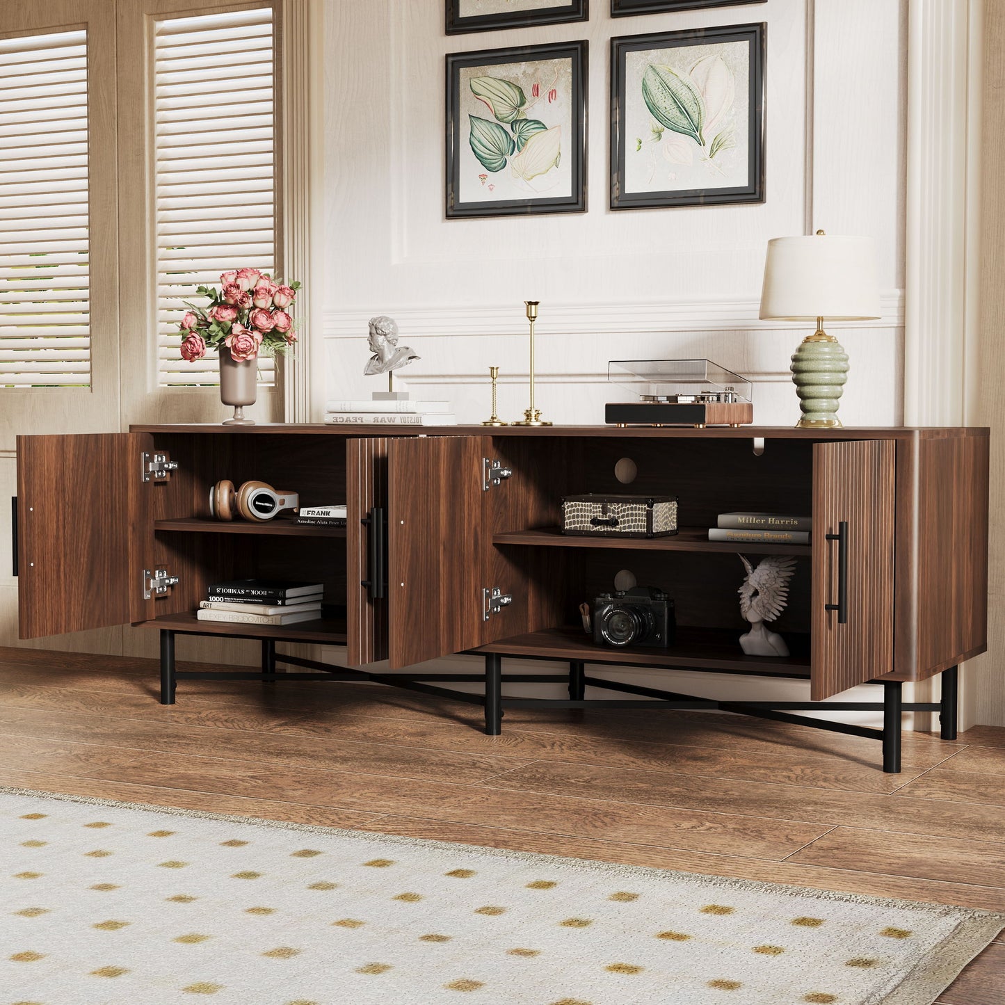 4 Door TV Cabinet, 2 Storage Spaces, Adjustable Shelves Noble House