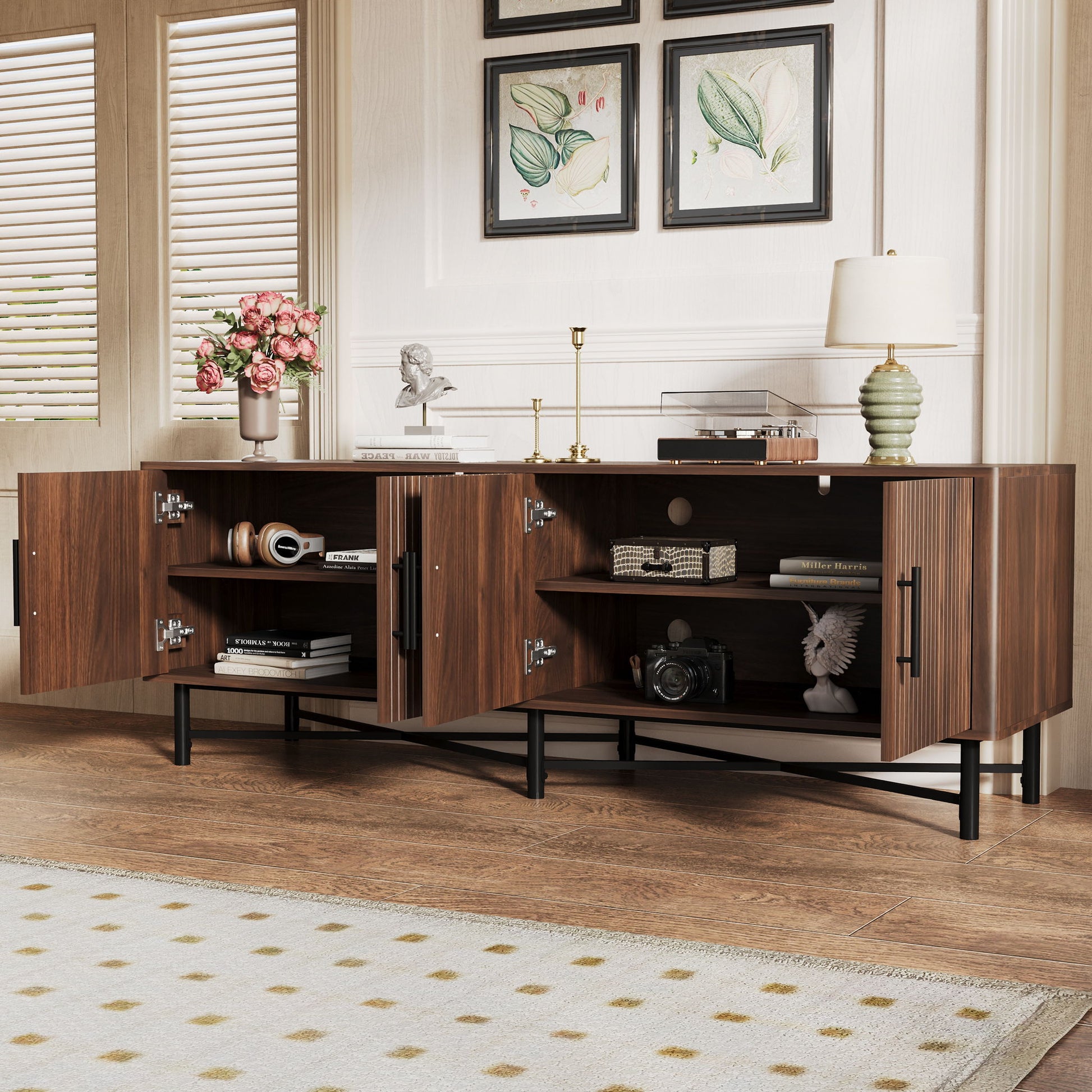 4 Door TV Cabinet, 2 Storage Spaces, Adjustable Shelves Noble House