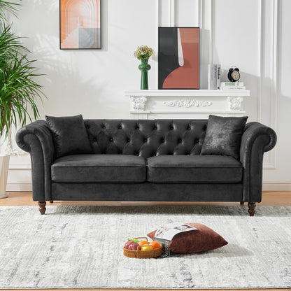 Chesterfield Sofa, High Tech Fabric Roll Armrest, 3 Seater Mid Century Modern Couch - Black Home Essentials