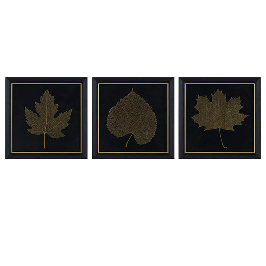 Gilded Trio - Gold Metallic Leaf Square Framed Graphic Wall Decor (Set of 3) - Black / Gold