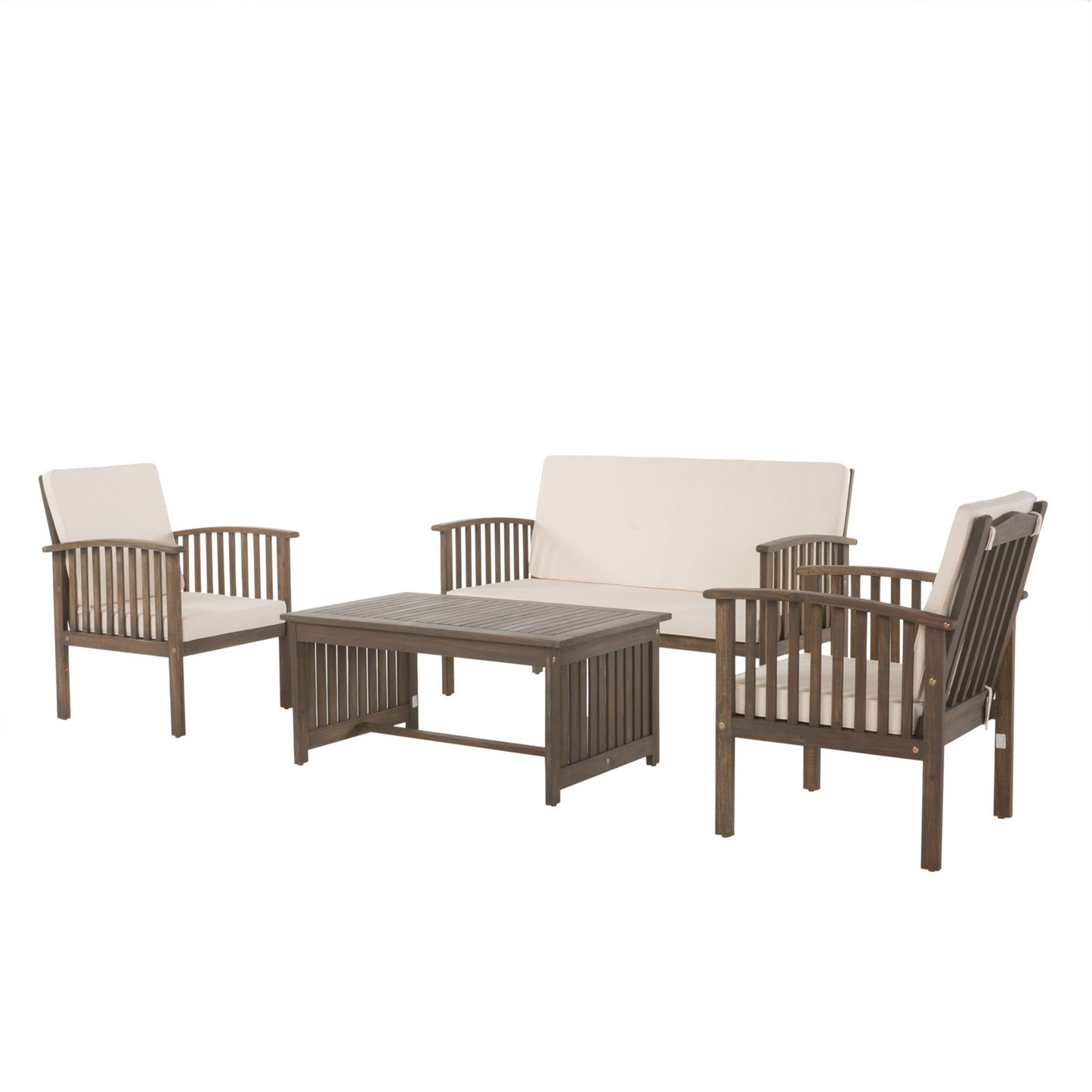 4 Piece Outdoor Chat Set With Water Resistant Cushion And Wood Frame - Cream / Gray Noble House