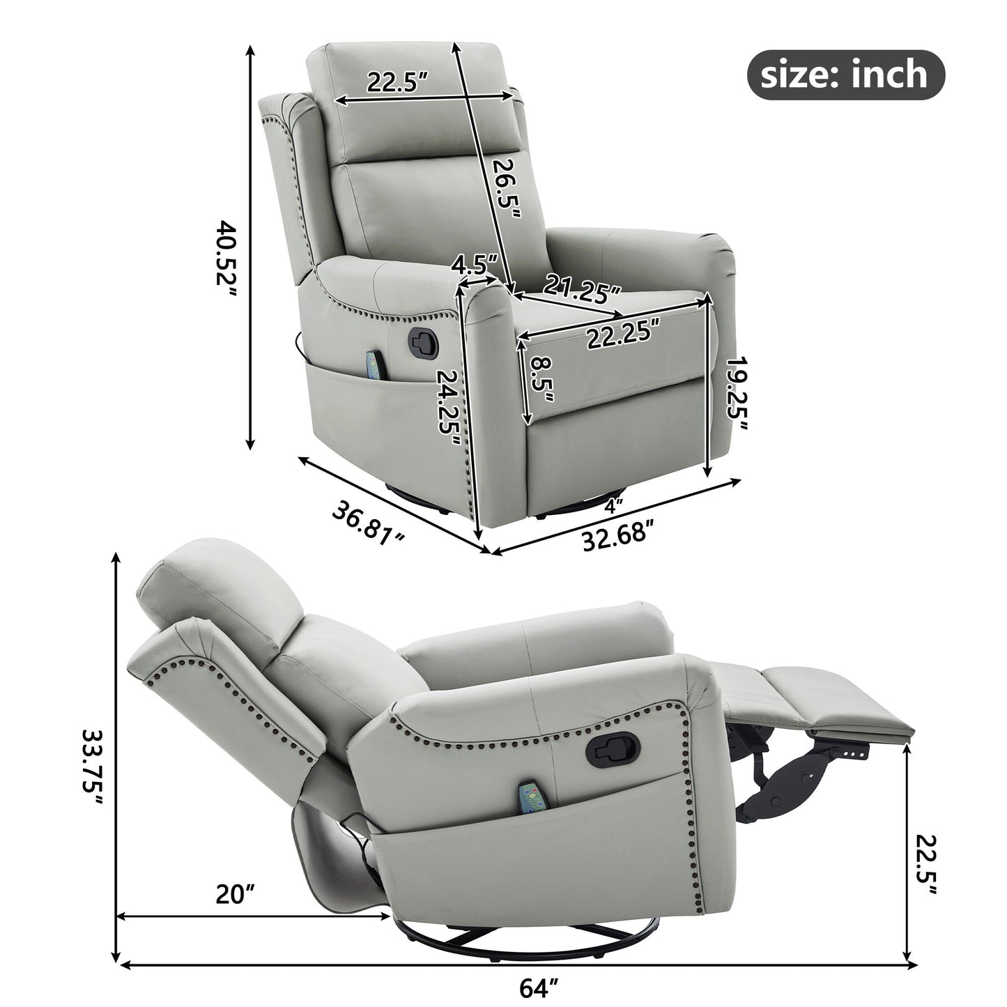 Manual Recliner Swivel Rocking Chair With 8 Point Massage And Heating Noble House