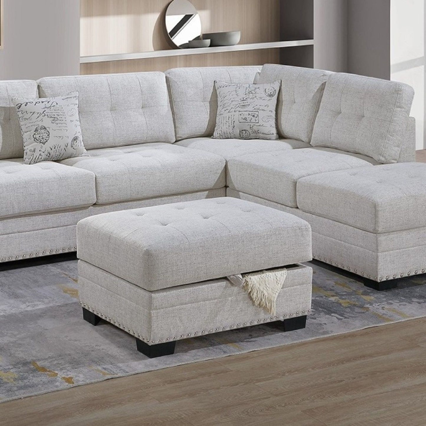 L - Shaped Sectional Sofa Set With Storage Ottoman, Tufted Upholstery Nailhead Trim Home Essentials