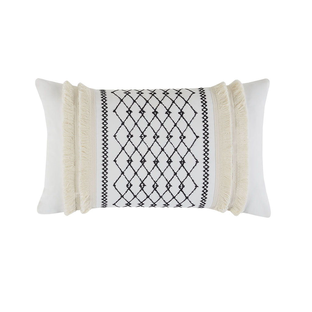 Bea - Embroidered Oblong Pillow With Tassels - Ivory