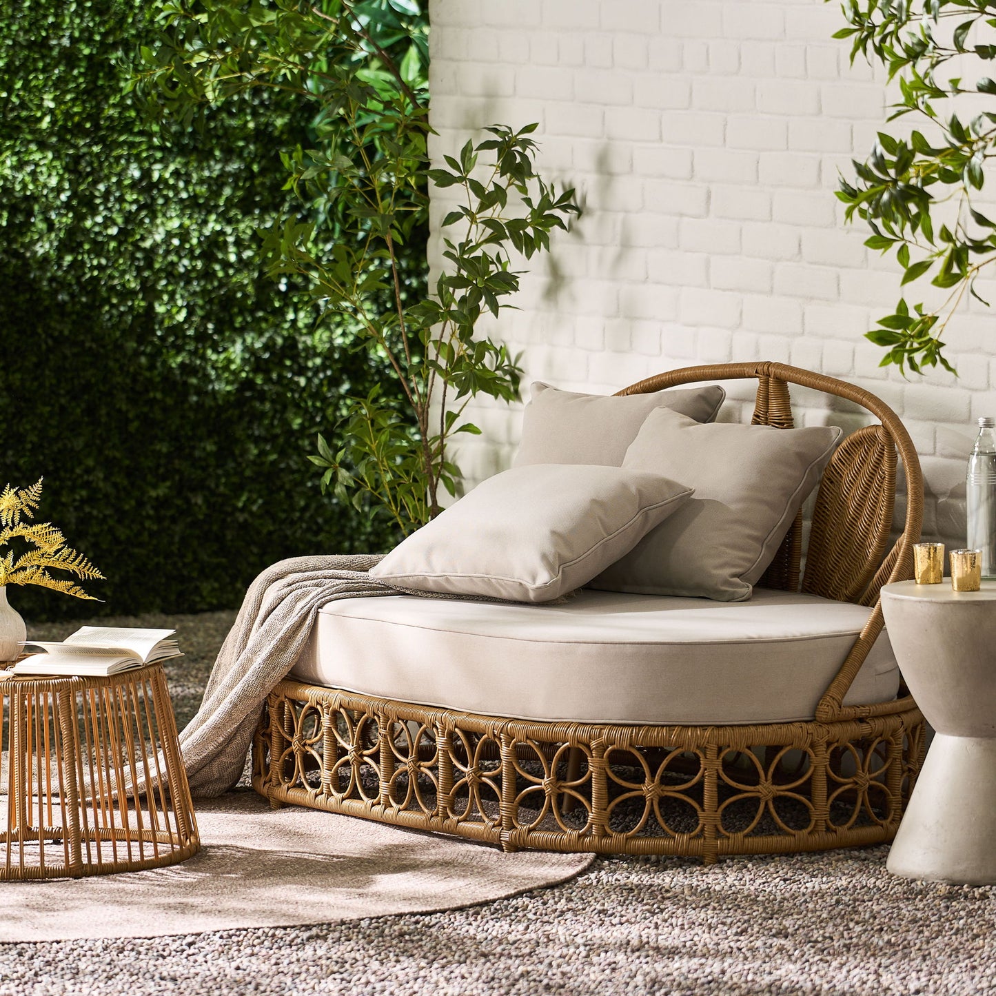 Outdoor Wicker Daybed With Pillows - Light Brown / Beige Noble House