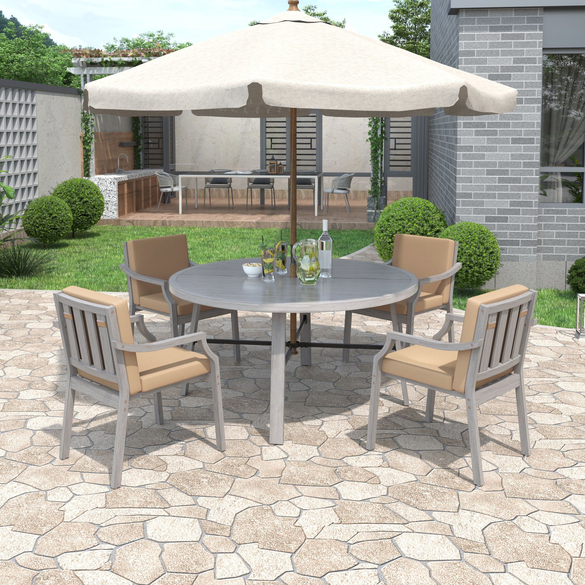 Outdoor Wooden Dinning Set With An Umbrella Hole And Removable Cushions For Patio Hearth and Haven