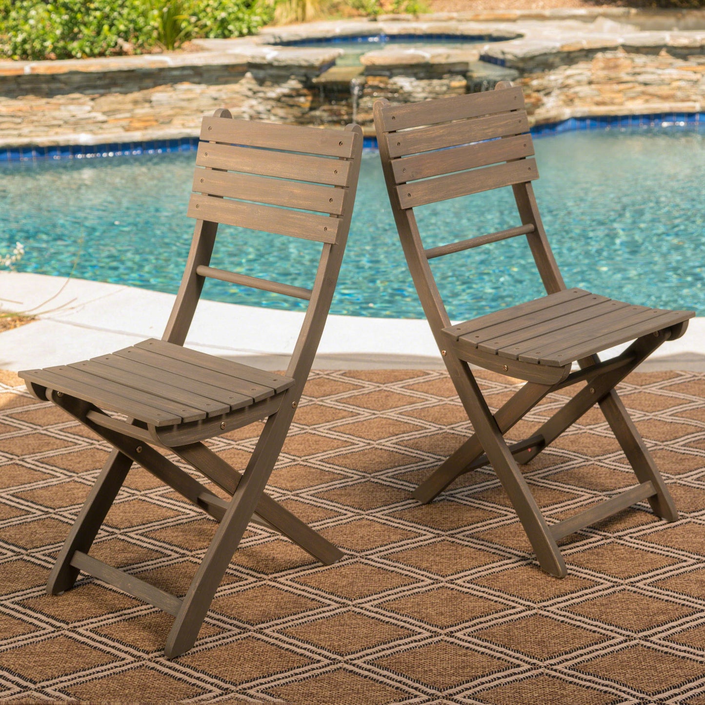 Outdoor Foldable Wood Dining Chair With Slat Design (Set of 2) Noble House