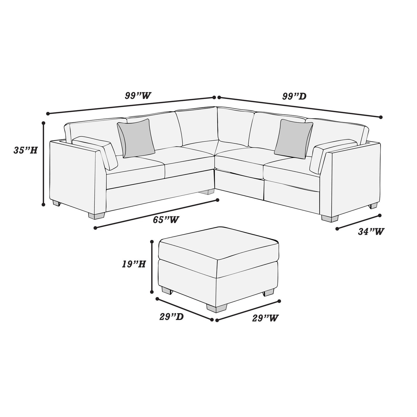 Contemporary L - Sectional Sofa Set With Ottoman And Pillows Home Essentials