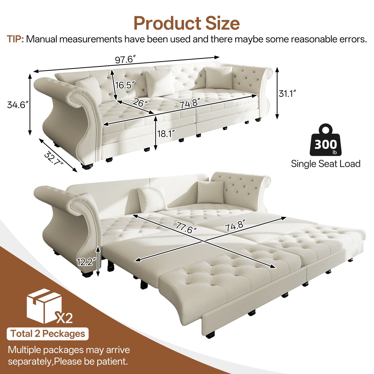 Oversized Chesterfield Pull Out Sofa Bed, Roll Arm Couch With Flower Tufting For Living Room Home Essentials