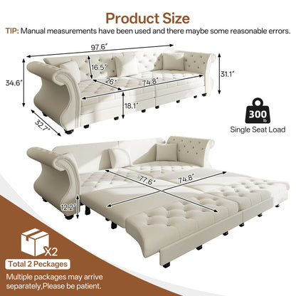 Oversized Chesterfield Pull Out Sofa Bed, Roll Arm Couch With Flower Tufting For Living Room Home Essentials