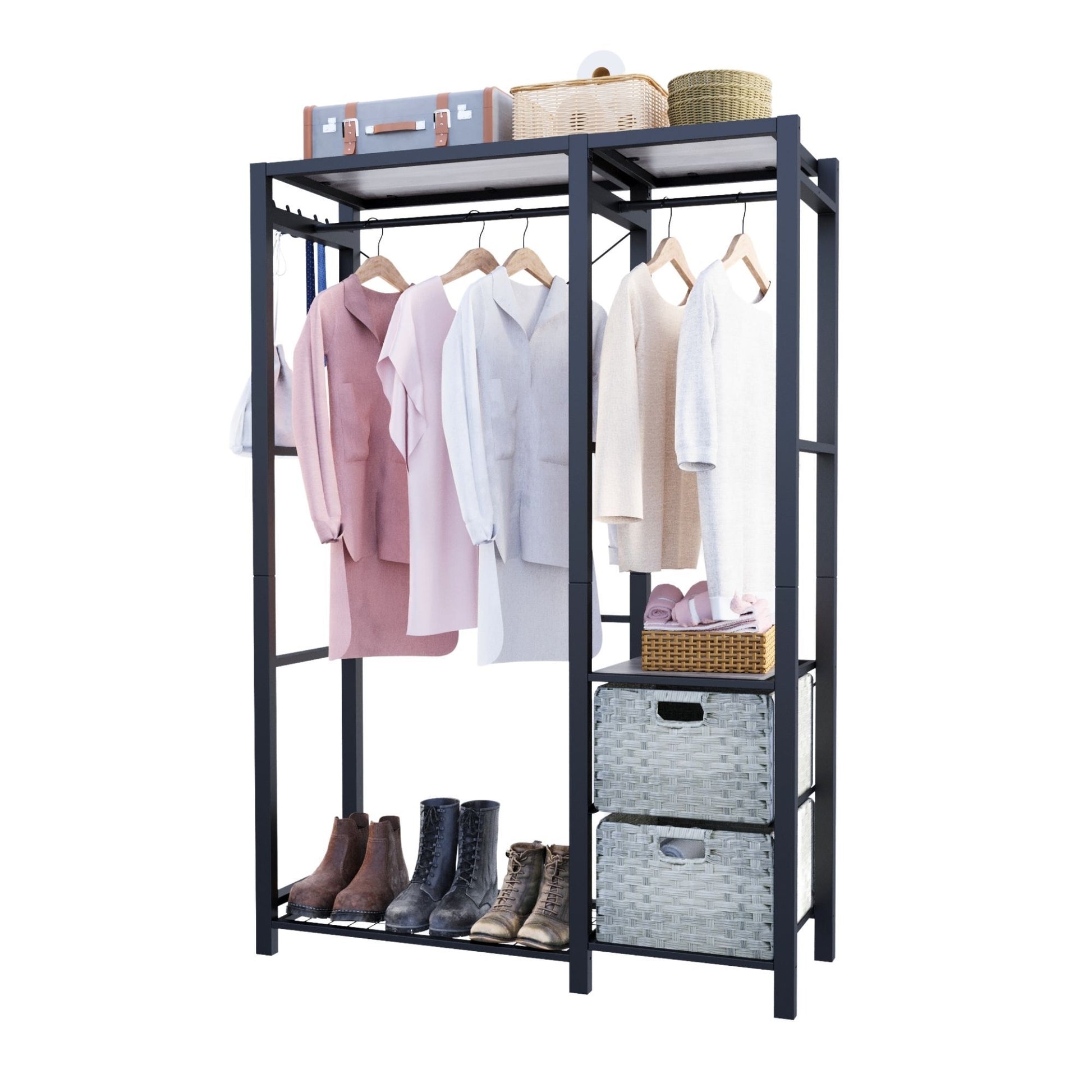 Garment Rack With Shelves, 2 Wicker Drawers, 4 Hooks, Organizer Daily Nest