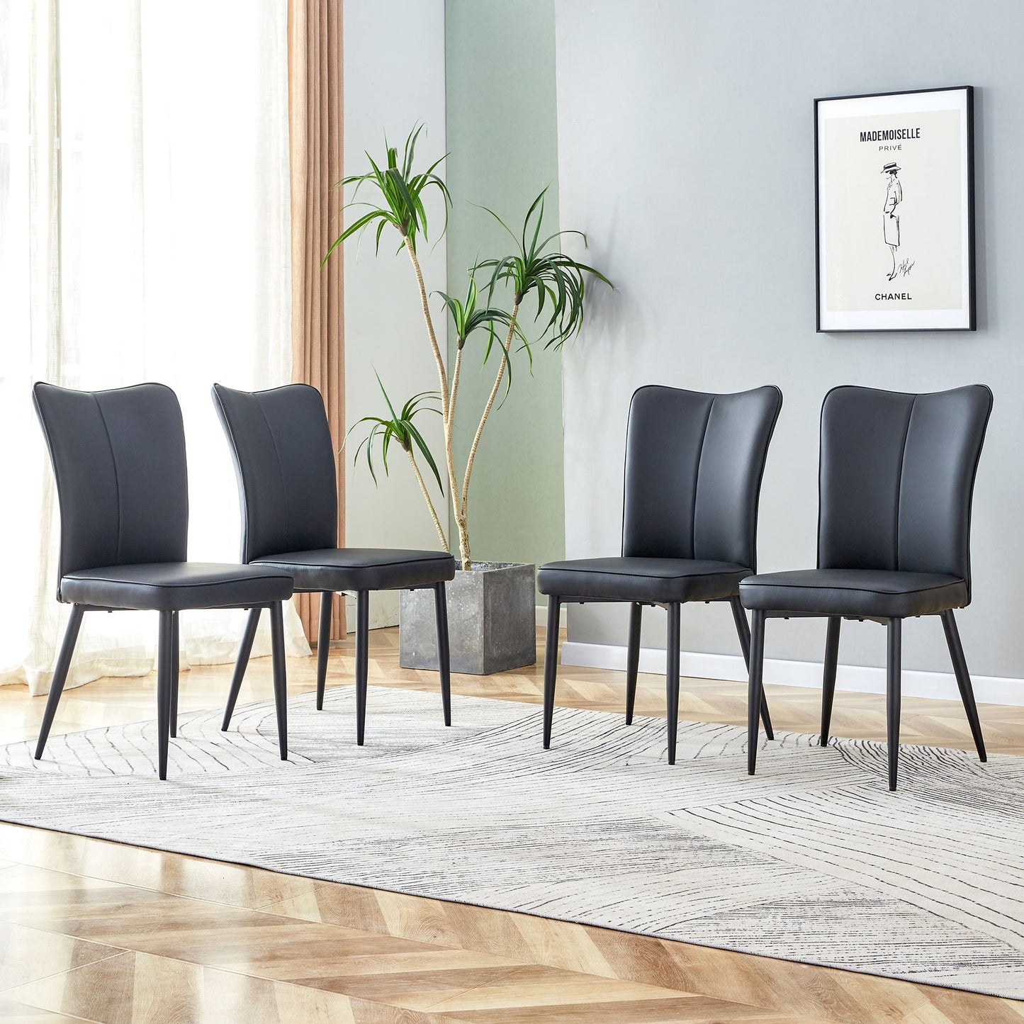 Modern Chair Set 4 Pieces With Vertical Backrest Design For Kitchen And Living Rooms - Black Home Essentials