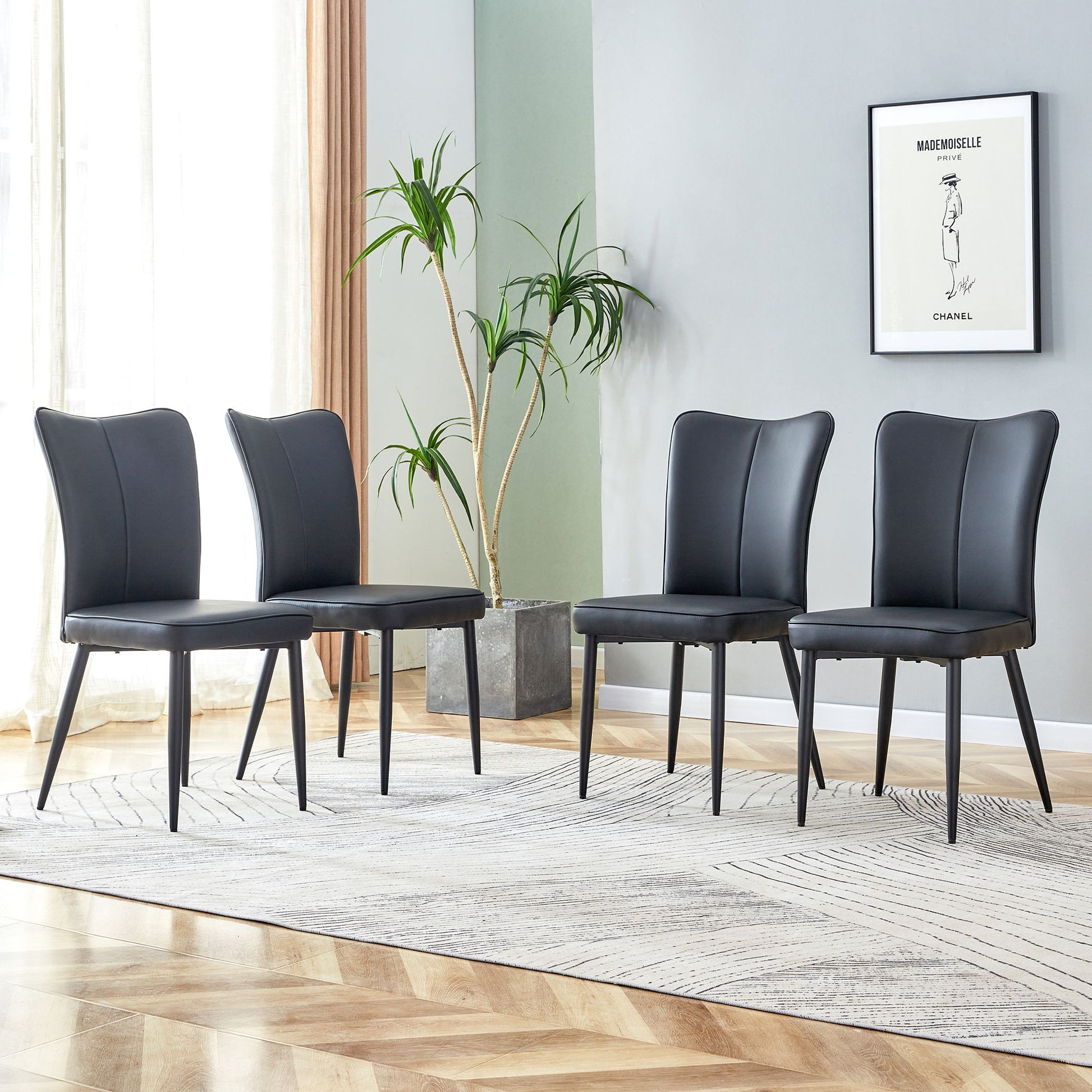 Modern Chair Set 4 Pieces With Vertical Backrest Design For Kitchen And Living Rooms - Black Home Essentials