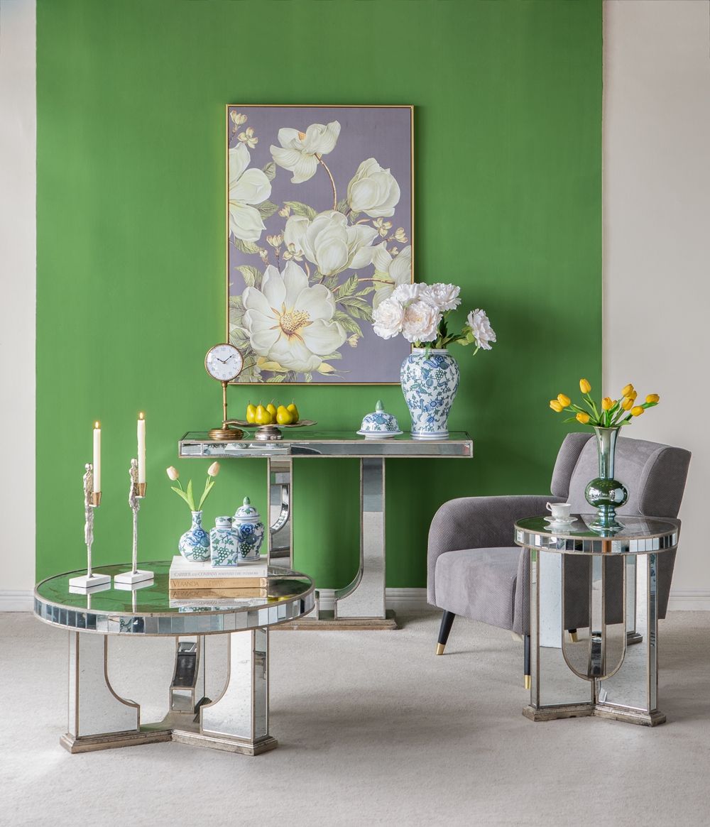 Large Mirrored Dining Table With Elegant Floral Design And - Silver Multi Home Essentials