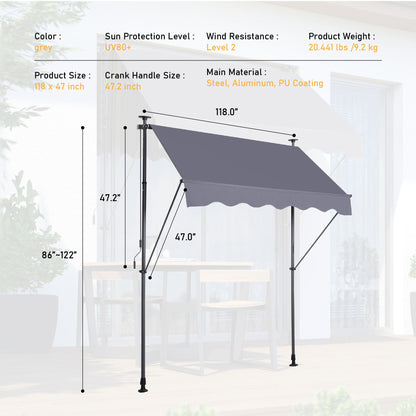 Manual Retractable Patio Awning, UV Resistant Polyester Sun Shade With No Drill Installation Home Essentials