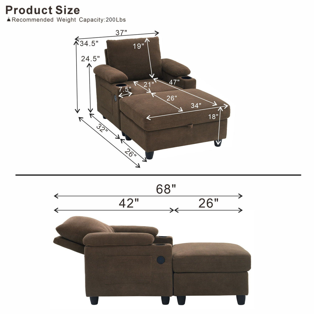 Accent Chair With Storage Ottoman, Reclining Single Chaise Lounge With Cupholders And USB, C Ports Home Essentials