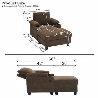 Accent Chair With Storage Ottoman, Reclining Single Chaise Lounge With Cupholders And USB, C Ports Home Essentials
