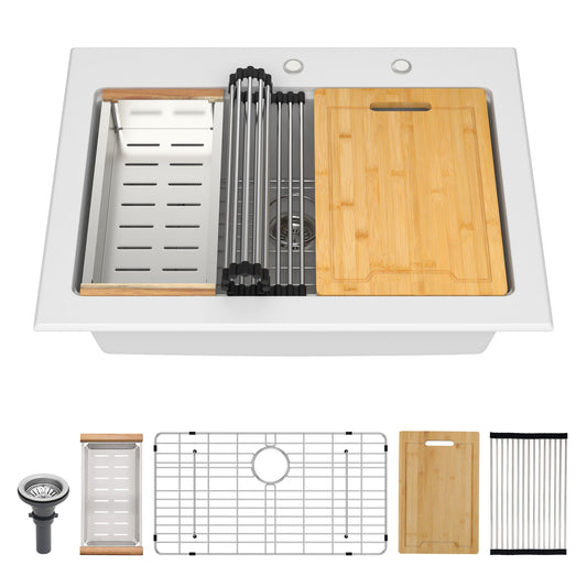 Quartz Kitchen Sink 30" X 22" Granite Composite Workstation Drop In Sink - White Daily Nest