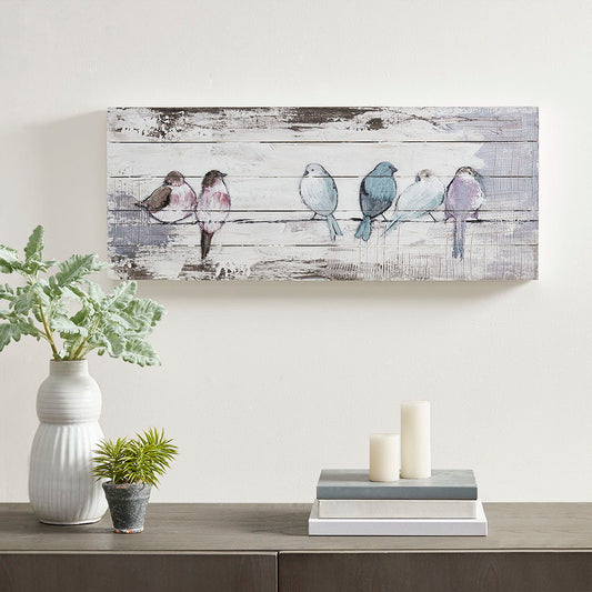 Perched Birds Hand Painted Plank - White / Gray