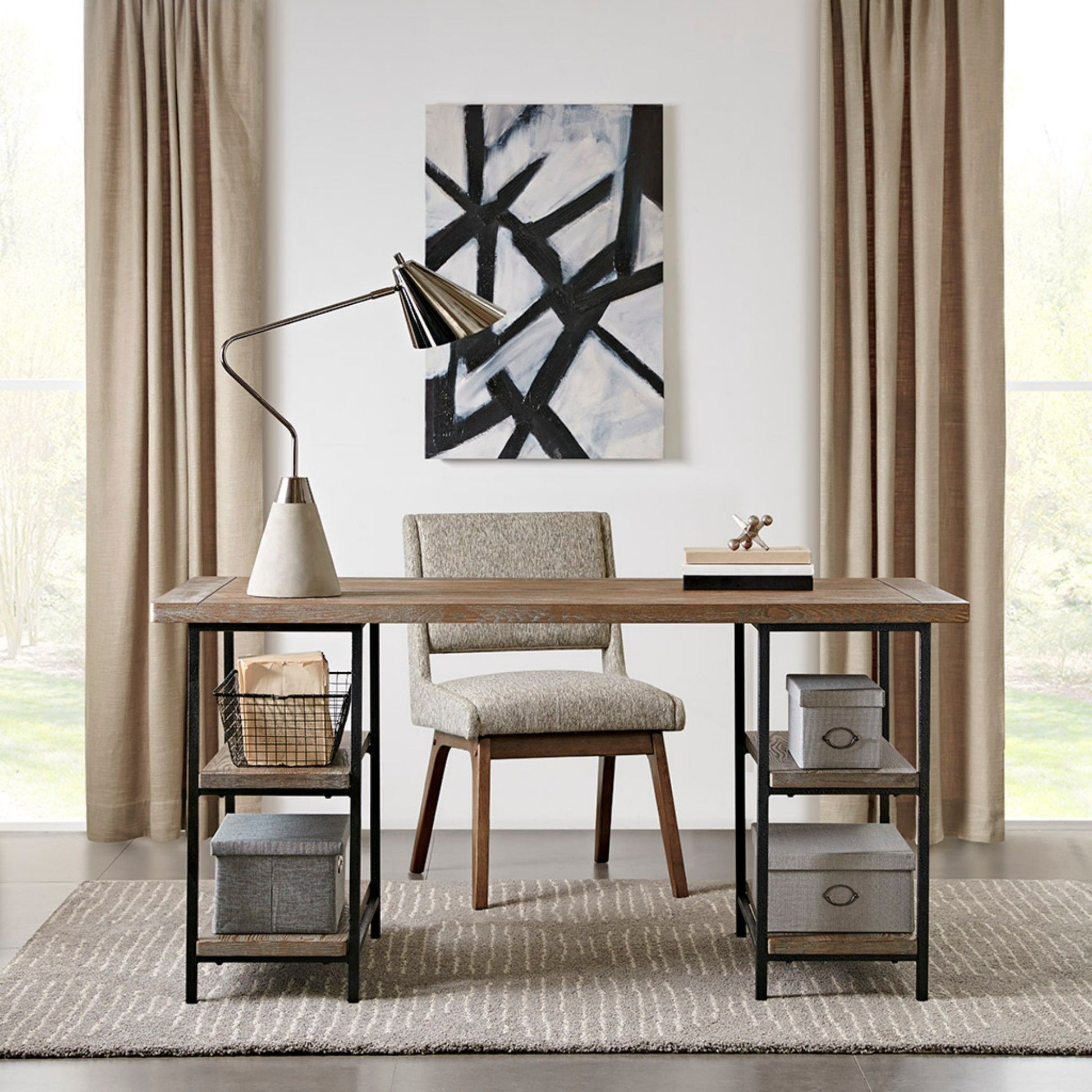 Industrial Style Metal Frame Accent Desk With Side Shelving - Gray JLA
