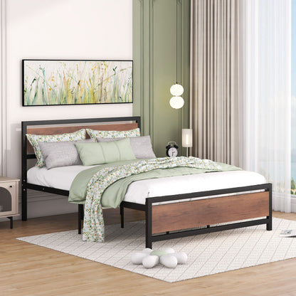 Platform Bed, Metal And Wood Bed Frame With Headboard And Footboard