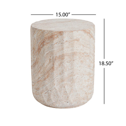Outdoor / Indoor Lightweight Concrete Side Table, Cylinder Travertine Finish Accent Table - Beige Noble House