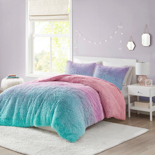 Primrose - Ombre Shaggy Faux Fur Twin Duvet Cover Set - Purple Multi