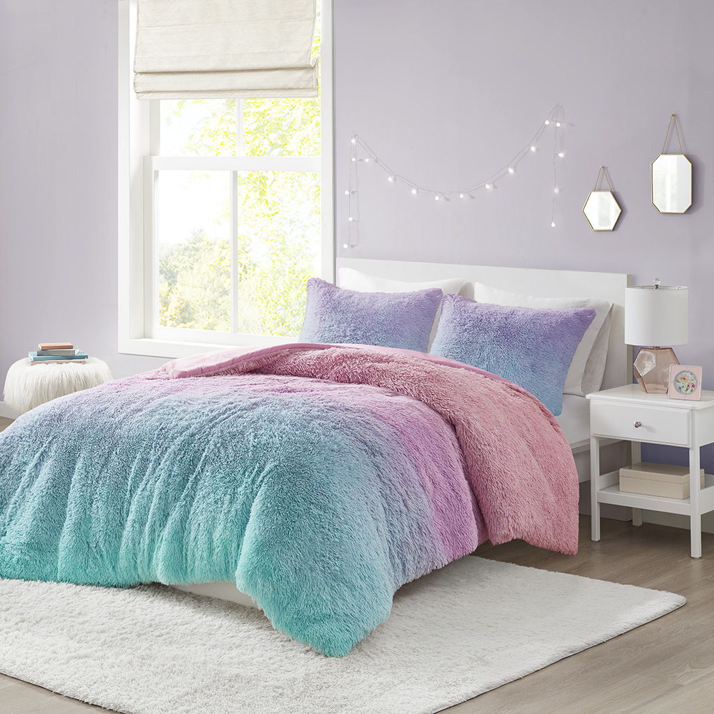 Primrose - Ombre Shaggy Faux Fur Duvet Cover Set - Purple Multi Mi Zone