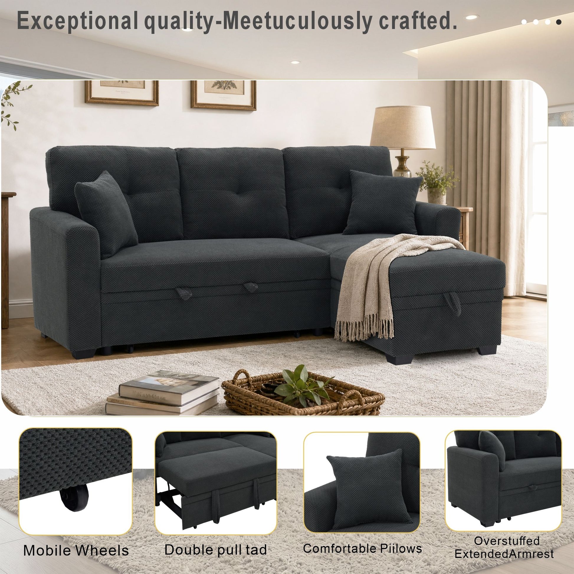 Sleeper Sectional With Pull Out Bed, Reversible Chaise Home Essentials
