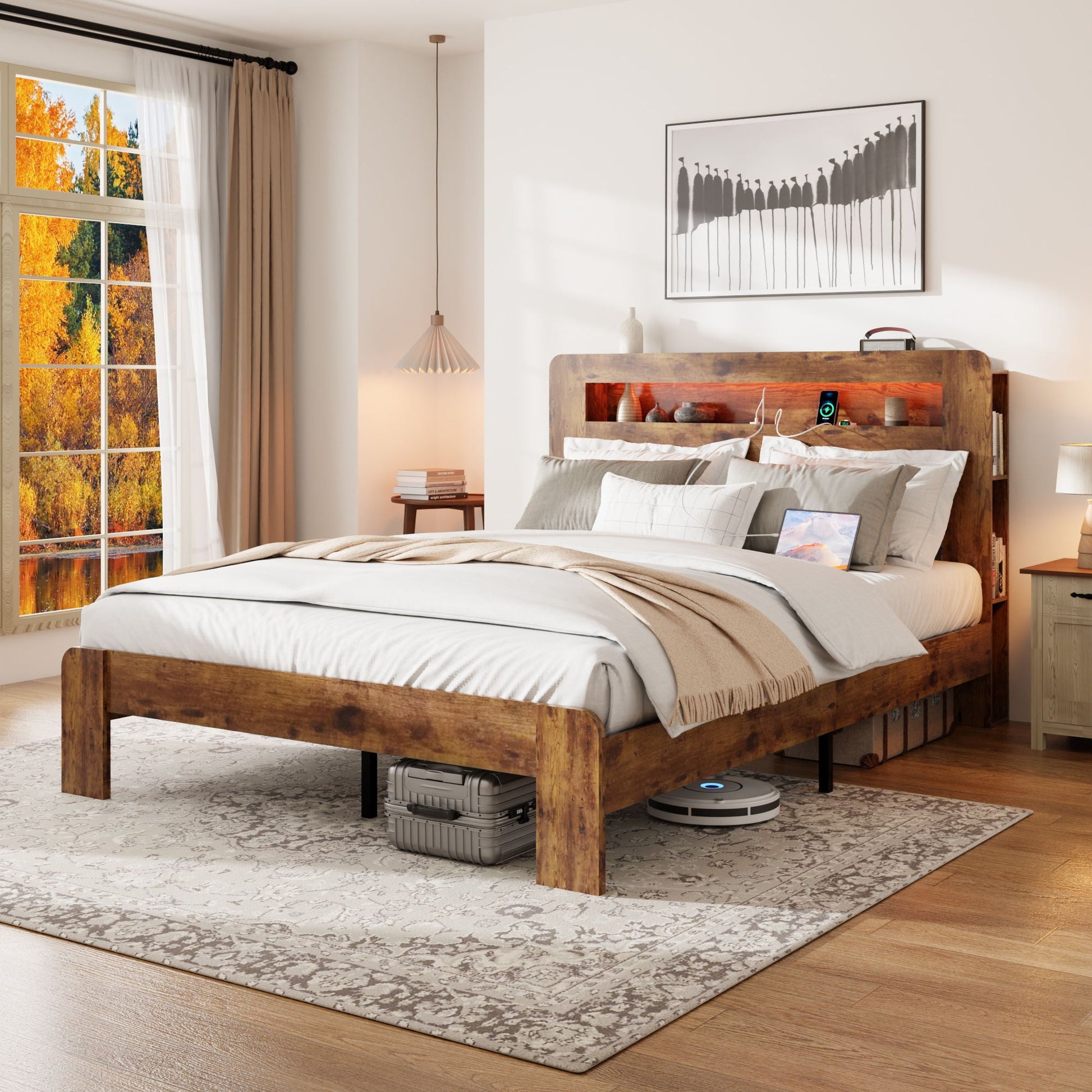 Wood Platform Bed Frame With Storage LED Light Headboard & USB Home Essentials