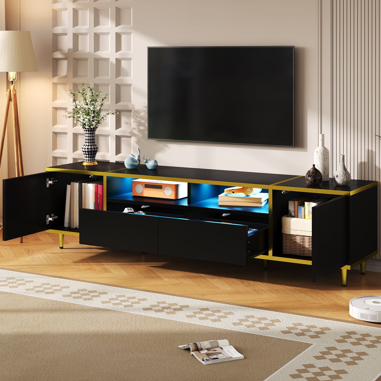 TV Stand For TVs Up To 80", Entertainment Center With 2 Shelves And LED Lights Hearth and Haven