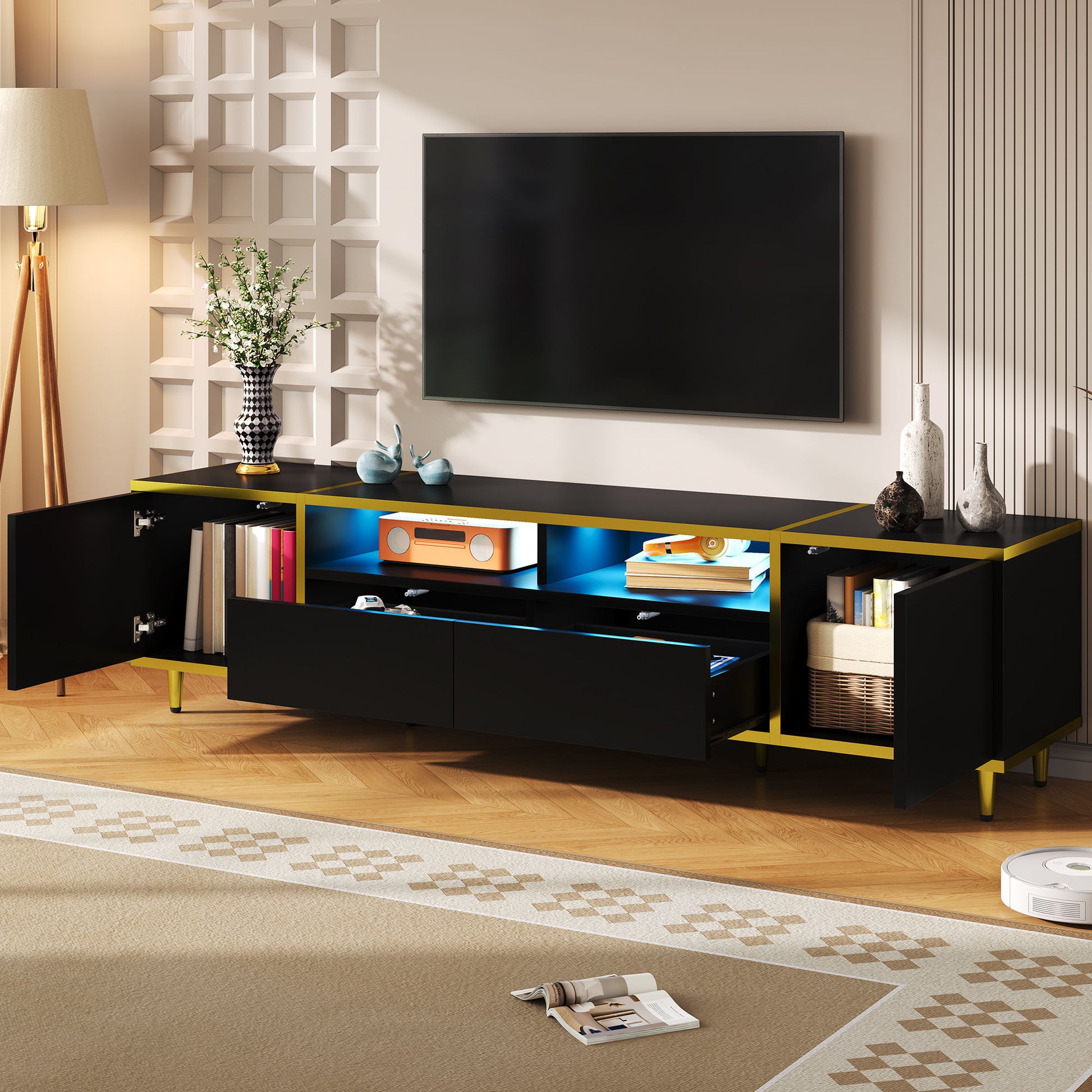 TV Stand For TVs Up To 80", Entertainment Center With 2 Shelves And LED Lights Hearth and Haven
