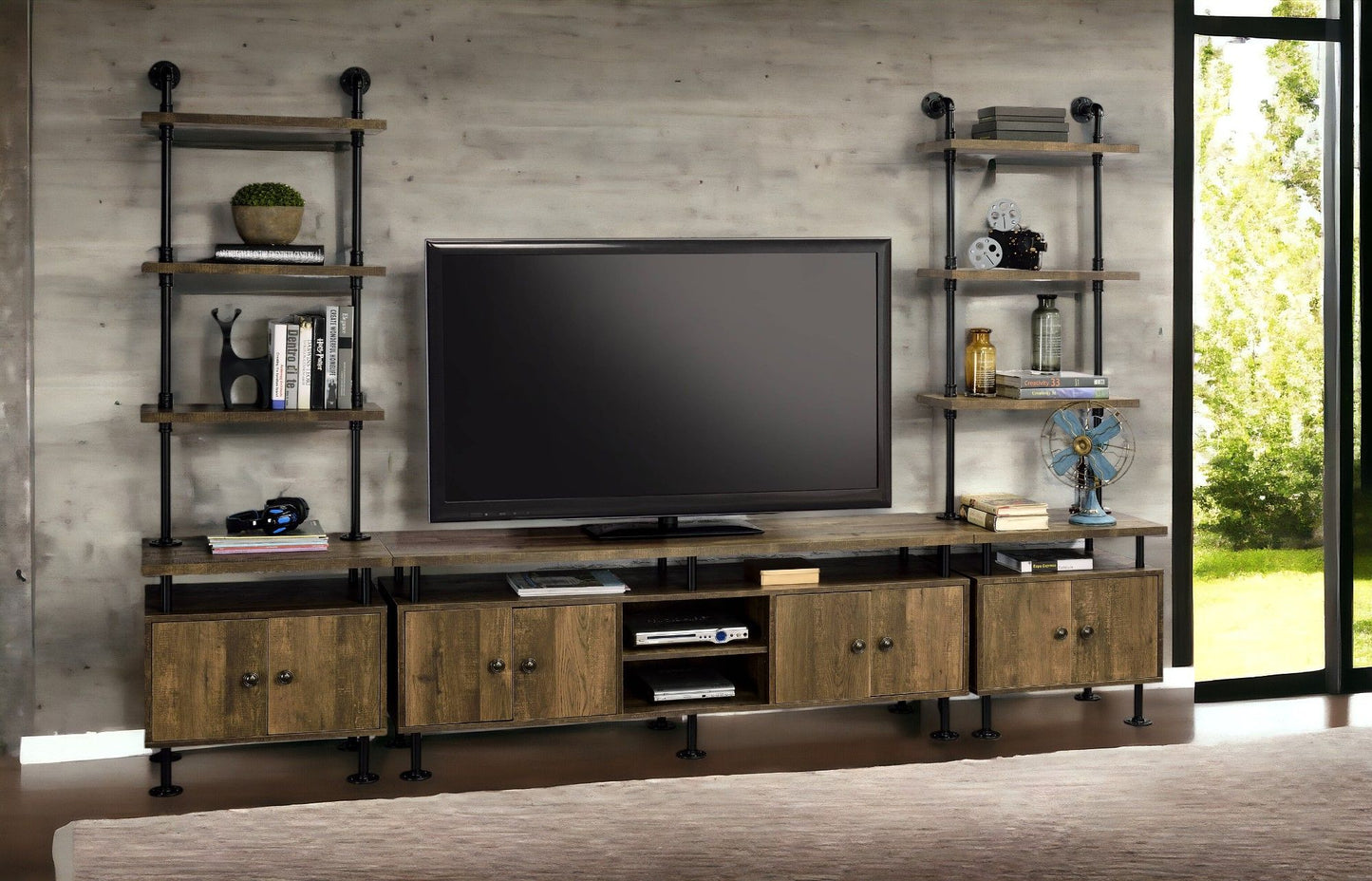 Ensata II - TV Stand - Rustic Oak / Black Acme