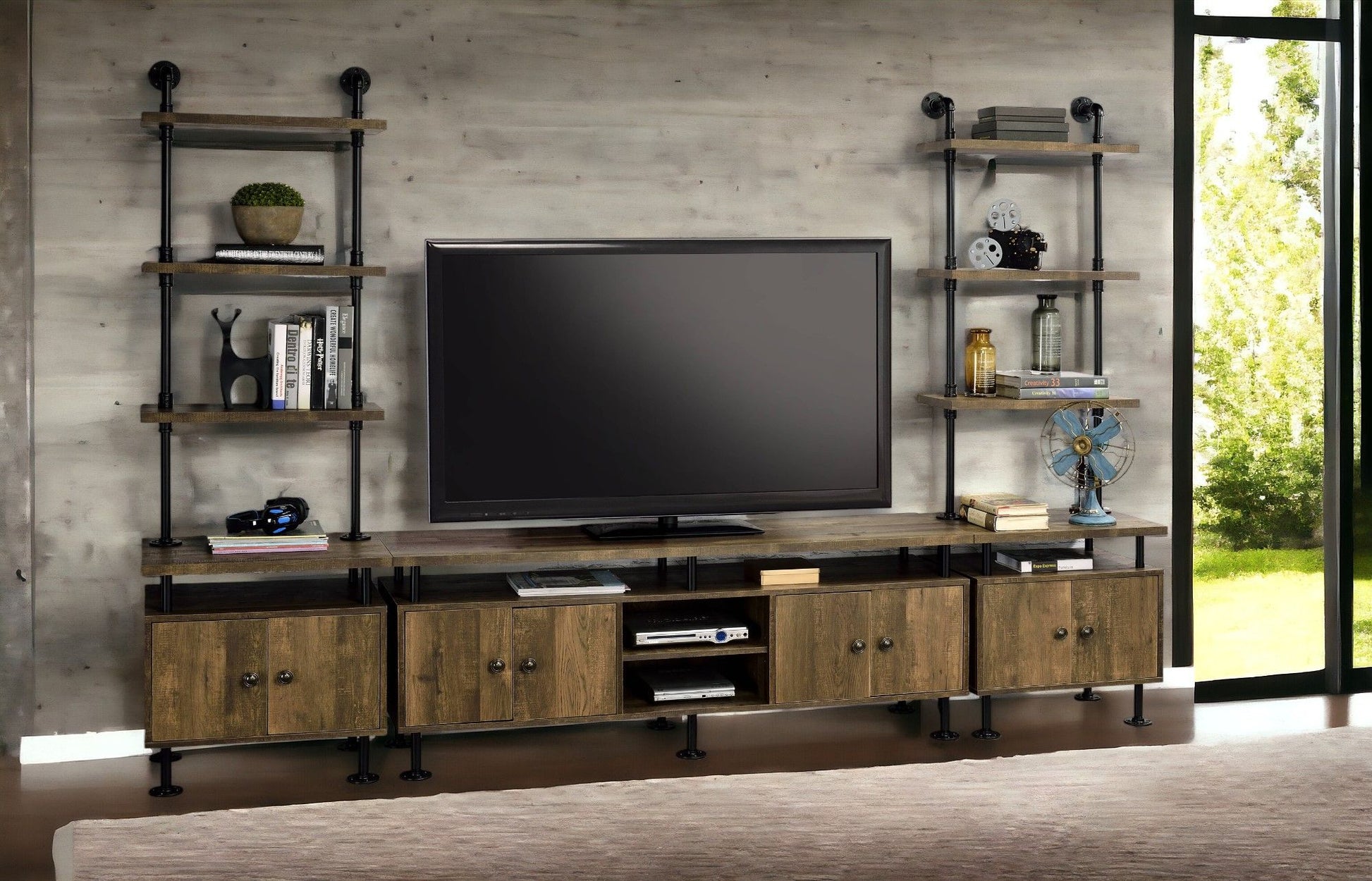 Ensata II - TV Stand - Rustic Oak / Black Acme