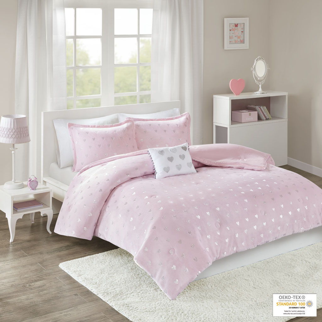 Rosalie - Twin Metallic Printed Comforter Set - Pink / Silver