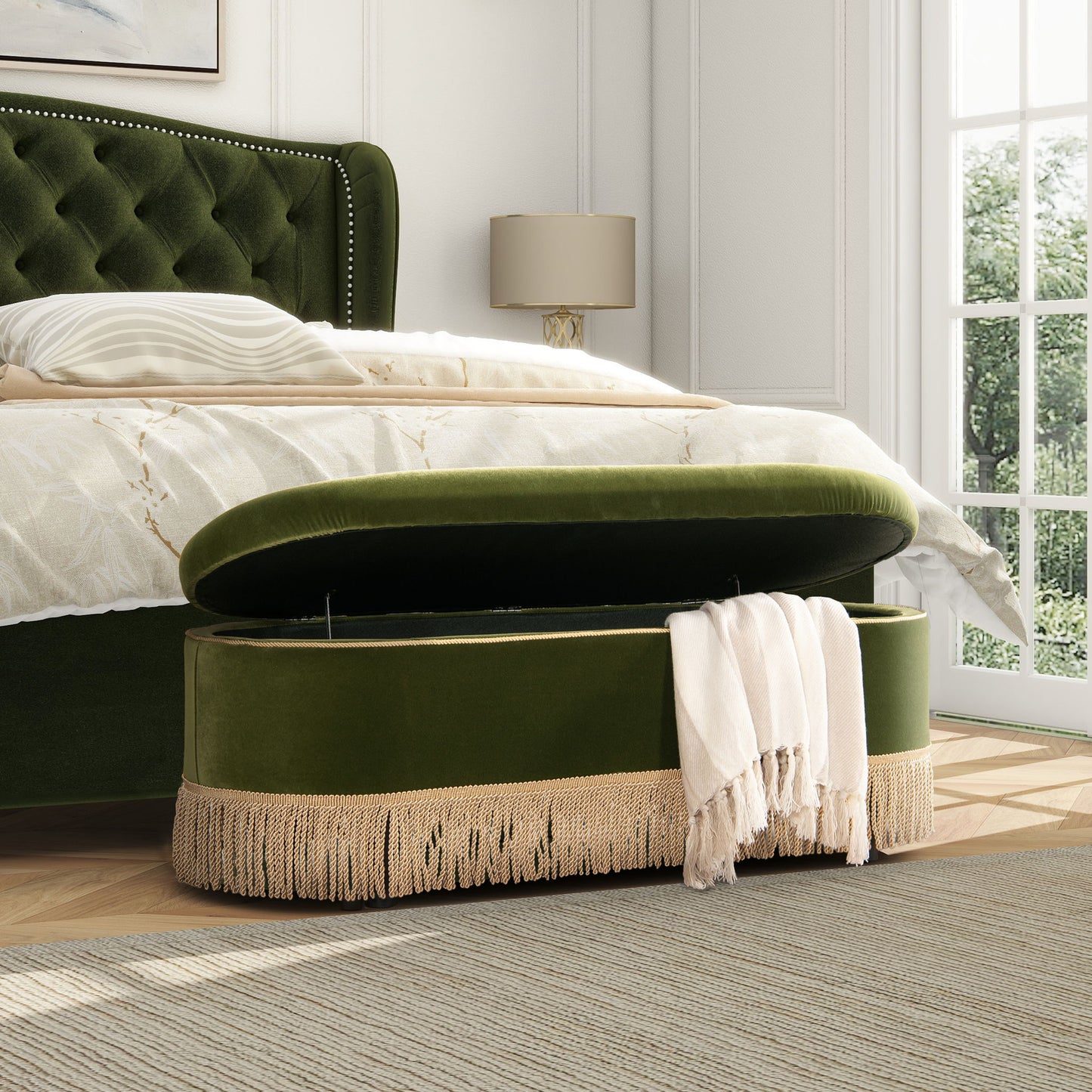 Melinda - Oval Tufted Bullion Fringe Storage Bench Jennifer Taylor Home