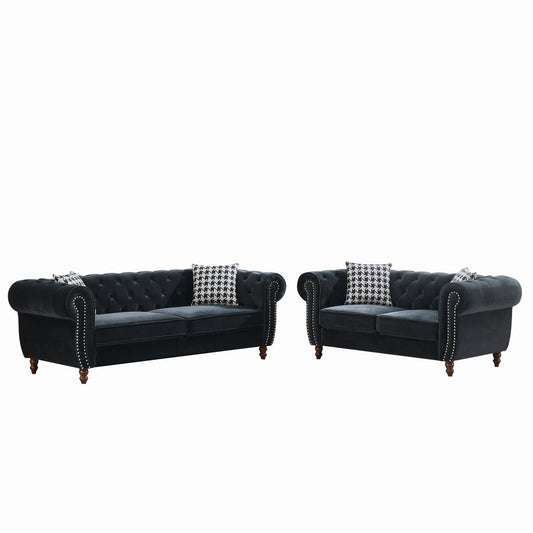 Chesterfield 3 And 2 Seater Velvet Upholstery Sofa With Roll Armrest & Nailhead Fabric Couch Home Essentials