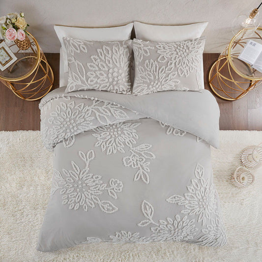 Veronica - King 3 Piece Tufted Floral Duvet Cover Set - Gray / White